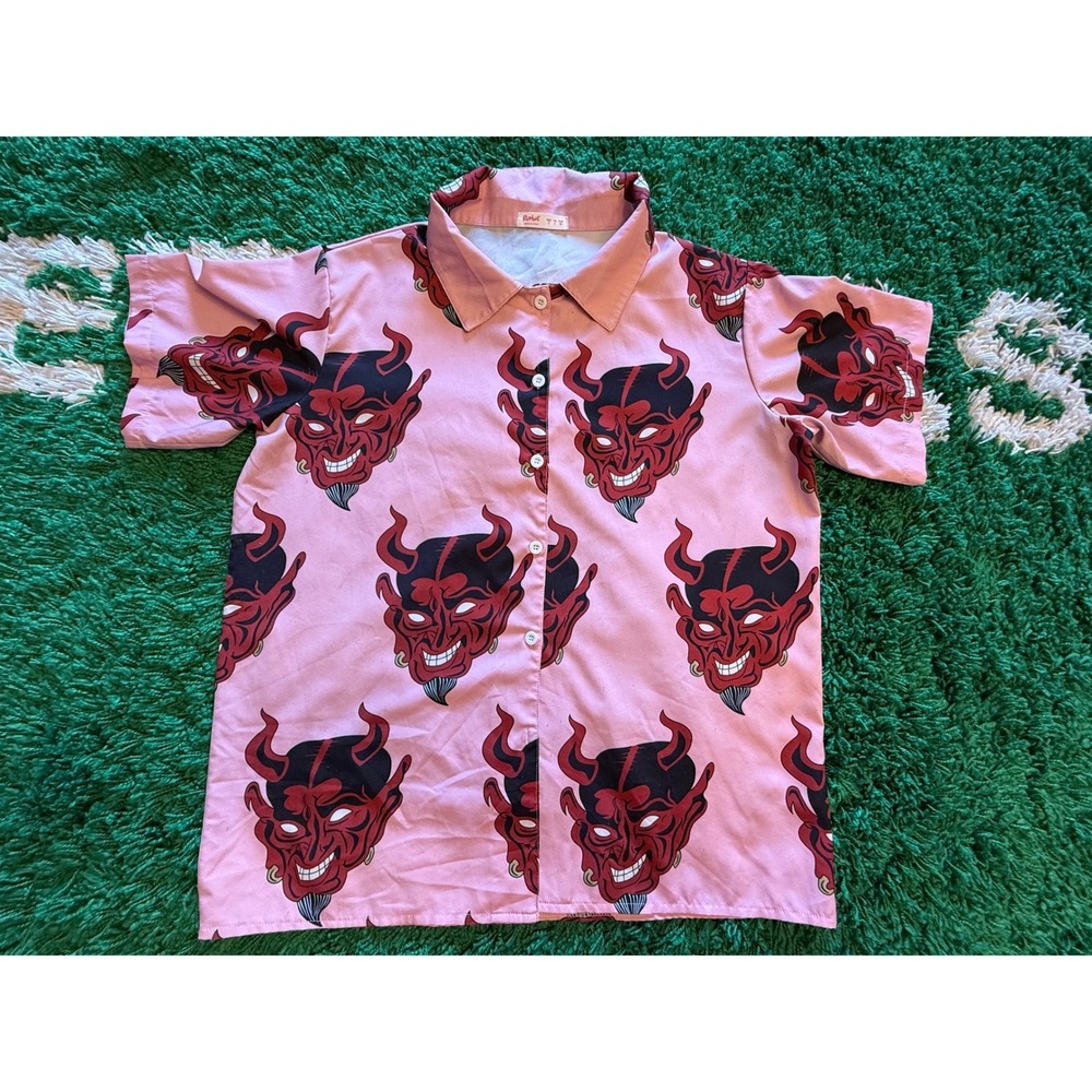 Romwe Devil Print Button Up Shirt Womens Small Pink Good Short Sleeve Graphic